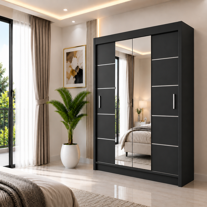 OSLO Sliding Door Wardrobe with Mirror – 2 or 3 Doors – Multiple Sizes & Colours – Shelves, Rails & Drawers