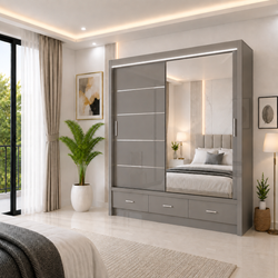Florence High Gloss Sliding Door Wardrobe with Mirror & LED – White, Black & Grey, Shelves & Drawers