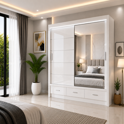 Florence High Gloss Sliding Door Wardrobe with Mirror & LED – White, Black & Grey, Shelves & Drawers