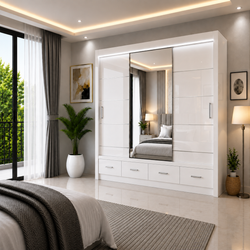 Florence High Gloss Sliding Door Wardrobe with Mirror & LED – White, Black & Grey, Shelves & Drawers
