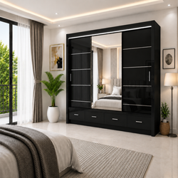 Florence High Gloss Sliding Door Wardrobe with Mirror & LED – White, Black & Grey, Shelves & Drawers