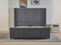 REXwood Furniture  Wingback Ottoman Storage Bed Frame – Double & King Size | Plush Velvet Upholstered Bed with Gas Lift Storage & Tall Vertical Tufted Headboard