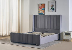 REXwood Furniture  Wingback Ottoman Storage Bed Frame – Double & King Size | Plush Velvet Upholstered Bed with Gas Lift Storage & Tall Vertical Tufted Headboard