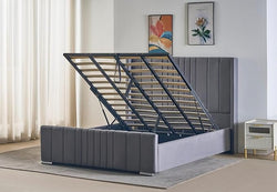 REXwood Furniture  Wingback Ottoman Storage Bed Frame – Double & King Size | Plush Velvet Upholstered Bed with Gas Lift Storage & Tall Vertical Tufted Headboard