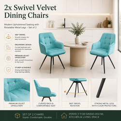 2x Swivel Velvet Dining Chairs – Modern Upholstered Seating with Rotatable Metal Legs – Set of 2