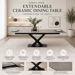 Nordic Rock Extendable Ceramic Dining Table – Sintered Stone Top, Seats 6, Modern Dining Table
