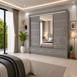 Florence High Gloss Sliding Door Wardrobe with Mirror & LED – White, Black & Grey, Shelves & Drawers