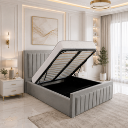 Lilly Ottoman Double Bed Frame – Plush Velvet Upholstered Panel Design with Gas Lift Storage – Grey or Beige