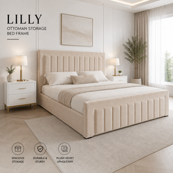 Lilly Ottoman Double Bed Frame – Plush Velvet Upholstered Panel Design with Gas Lift Storage – Grey or Beige