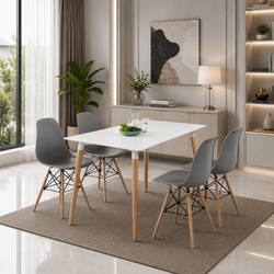 Modern 5 Piece Dining Table and Chairs Set – White Table with Wooden Legs, 4 Chairs, Seats 4