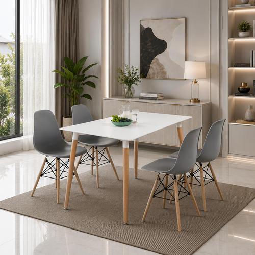Modern 5 Piece Dining Table and Chairs Set – White Table with Wooden Legs, 4 Chairs, Seats 4