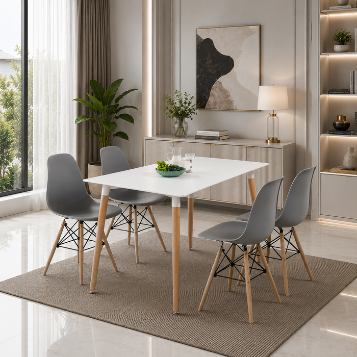 Modern 5 Piece Dining Table and Chairs Set – White Table with Wooden Legs, 4 Chairs, Seats 4