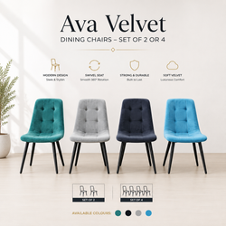 Ava Velvet Dining Chairs – Set of 2 or 4, Swivel Upholstered Chairs with Metal Legs, Modern Design