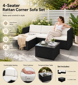 4-Seater Rattan Corner Sofa Set with Glass Coffee Table – Outdoor Garden Patio Furniture