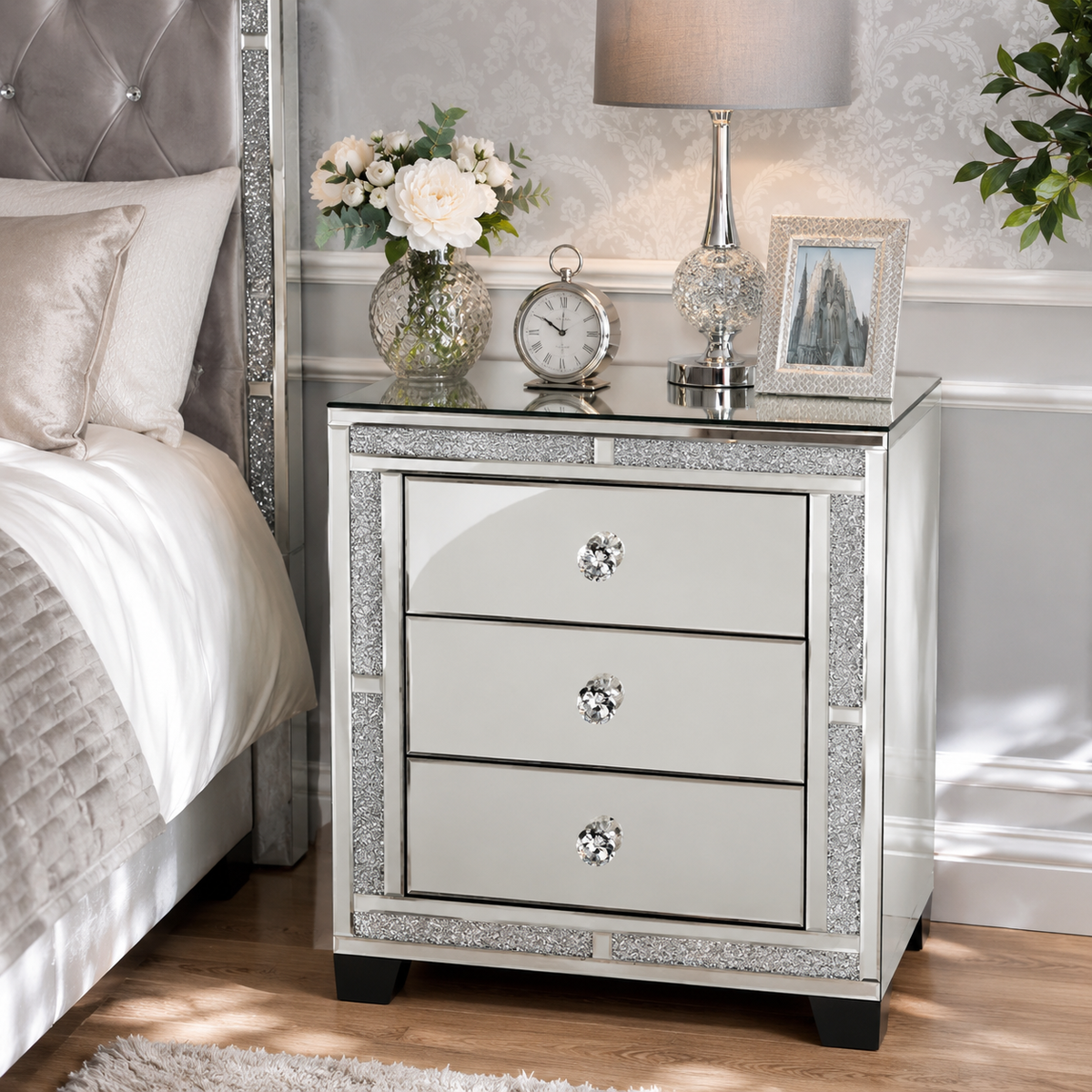 Valencia Mirrored Bedside Table – 3 Drawers – Plain or Crushed Diamond Finish – Pre-Assembled