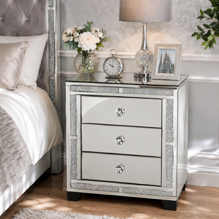 Valencia Mirrored Bedside Table – 3 Drawers – Plain or Crushed Diamond Finish – Pre-Assembled
