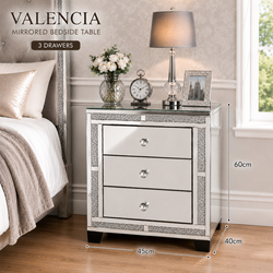 Valencia Mirrored Bedside Table – 3 Drawers – Plain or Crushed Diamond Finish – Pre-Assembled