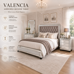 Valencia Mirrored Bedside Table – 3 Drawers – Plain or Crushed Diamond Finish – Pre-Assembled