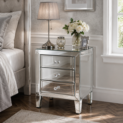 Valencia Mirrored Bedside Table – 3 Drawers – Plain or Crushed Diamond Finish – Pre-Assembled