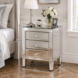 Valencia Mirrored Bedside Table – 3 Drawers – Plain or Crushed Diamond Finish – Pre-Assembled