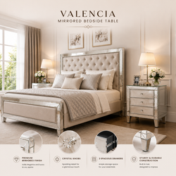 Valencia Mirrored Bedside Table – 3 Drawers – Plain or Crushed Diamond Finish – Pre-Assembled