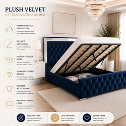 Plush Velvet Ottoman Storage Bed with Gas Lift – Double & King Size, Blue, Black or Grey