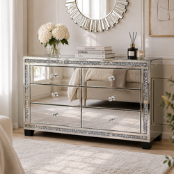Valencia Mirrored 6 Drawer Chest – Silver Glass, Crushed Diamond or Plain Finish, Pre-Assembled