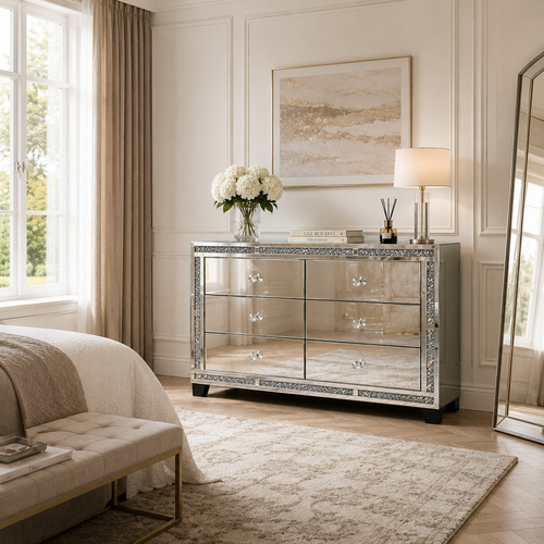 Valencia Mirrored 6 Drawer Chest – Silver Glass, Crushed Diamond or Plain Finish, Pre-Assembled