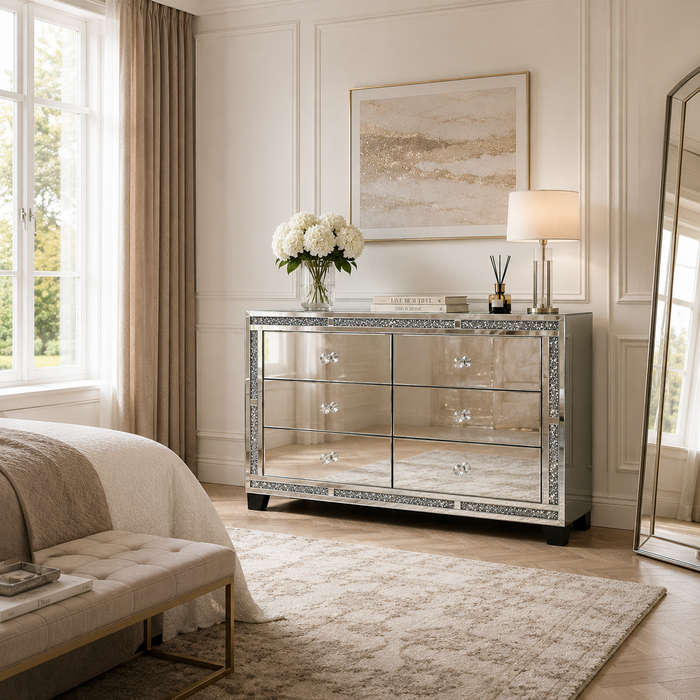 Valencia Mirrored 6 Drawer Chest – Silver Glass, Crushed Diamond or Plain Finish, Pre-Assembled