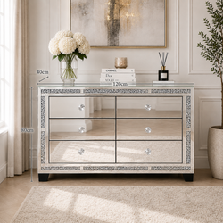 Valencia Mirrored 6 Drawer Chest – Silver Glass, Crushed Diamond or Plain Finish, Pre-Assembled