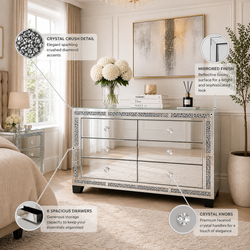 Valencia Mirrored 6 Drawer Chest – Silver Glass, Crushed Diamond or Plain Finish, Pre-Assembled
