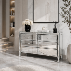 Valencia Mirrored 6 Drawer Chest – Silver Glass, Crushed Diamond or Plain Finish, Pre-Assembled