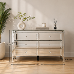 Valencia Mirrored 6 Drawer Chest – Silver Glass, Crushed Diamond or Plain Finish, Pre-Assembled