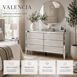 Valencia Mirrored 6 Drawer Chest – Silver Glass, Crushed Diamond or Plain Finish, Pre-Assembled