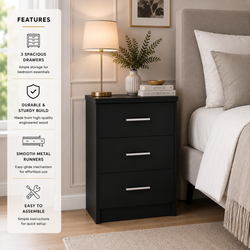 3 Drawer Bedside Table – Compact Nightstand with Storage, Modern Bedroom Furniture, Multiple Finishes