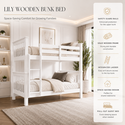 Lily Wooden Bunk Bed with Guest Bed  – Solid Pine Space-Saving Frame – Kids Bedroom Furniture