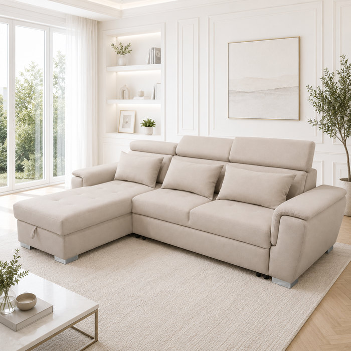 Antonio Velvet Corner Sofa Bed with Storage & USB – Double Sleeper, Universal Left/Right