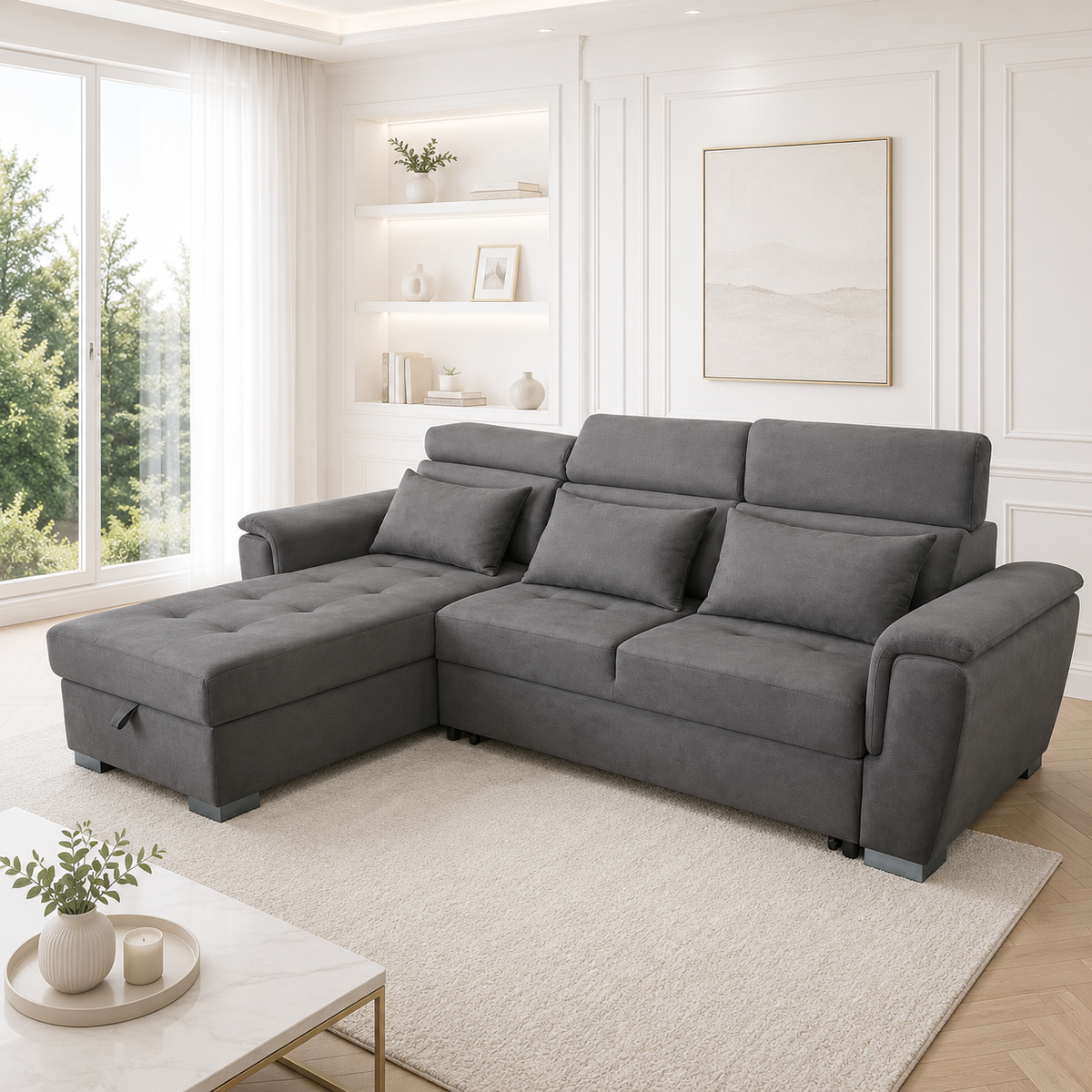 Antonio Velvet Corner Sofa Bed with Storage & USB – Double Sleeper, Universal Left/Right