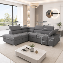ARTIC Corner Sofa Bed with Storage & USB – Pull-Out Double Bed, Adjustable Headrests
