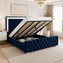 Plush Velvet Ottoman Storage Bed with Gas Lift – Double & King Size, Blue, Black or Grey