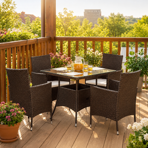 5-Piece Rattan Patio Dining Set – Brown Wicker Chairs & Glass-Top Table – Outdoor Garden Furniture for 4